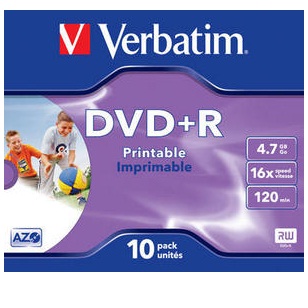 Verbatim DVD+R (16x), Printable, jewel 10ks 43508