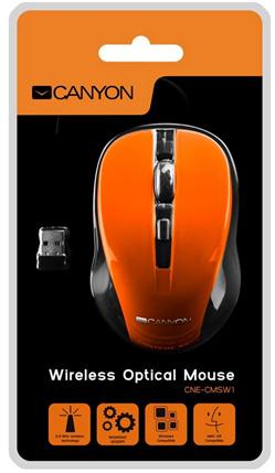 Canyon myš bezdrátová CMSW1, 800/1000/1200 dpi, 4 tl, USB nano reciever, oranžová CNE-CMSW1O