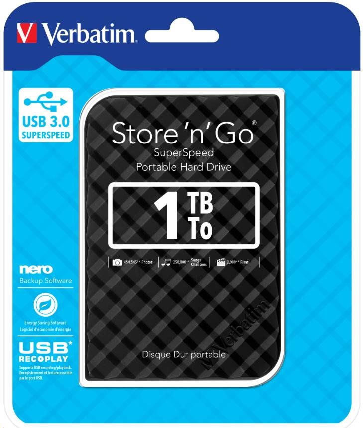 Verbatim Store 'n' Go, 1TB 2.5'' Portable Hard Drive USB 3.0, Black GEN II 53194