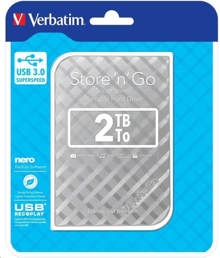 Verbatim Store 'n' Go, 2TB 2.5'' Store 'n' Go Portable Hard Drive USB 3.0, Silver GEN II 53198