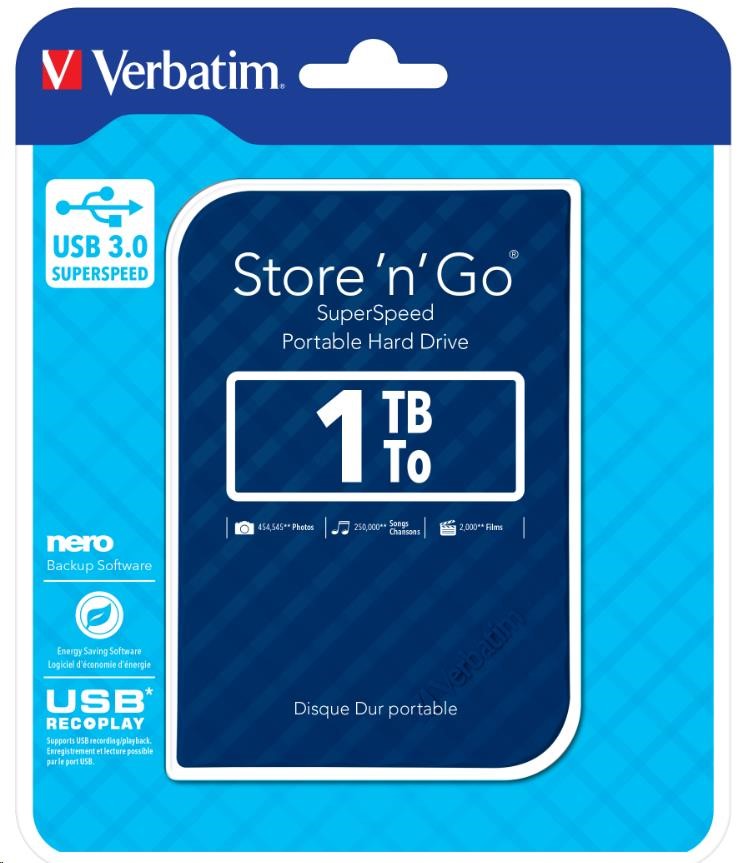 Verbatim Store 'n' Go, 1TB 2.5'' Store 'n' Go Portable Hard Drive USB 3.0, Blue GEN II 53200
