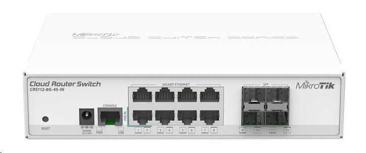 MikroTik RouterBOARD CRS112-8G-4S-IN, QCA8511, 128MB, 8xGLAN, 4xSFP, OS L5, desktop case, PSU