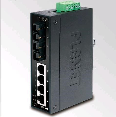 Planet switch ISW-621T, prům.verze 4x10/100+2x100BaseFX (SC) MM 2km, DIN, IP30, -40 až 70°C, 12-48V
