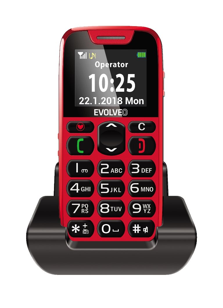 Evolveo EasyPhone, mobilní telefon pro seniory s nabíjecím stojánkem, červená EP-500-RED