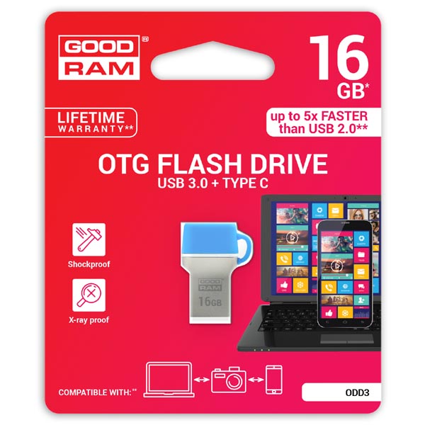 Goodram USB flash disk OTG, 3.1A/3.1C, 16GB, ODD3, modrá, ODD3-0160B0R11