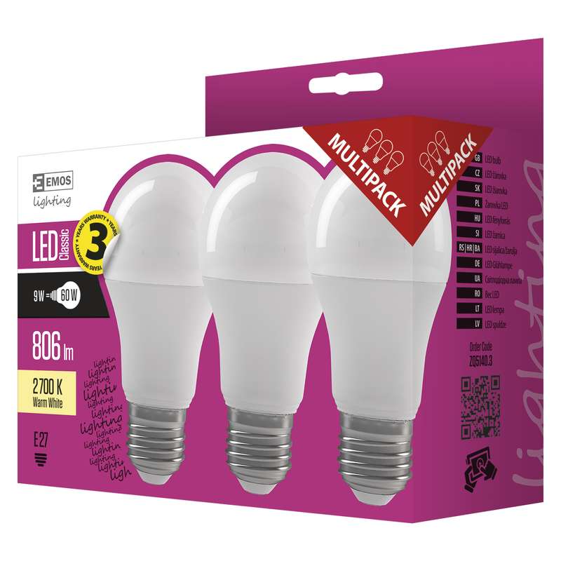 Emos LED žárovka Classic A60, 9W/60W E27, WW teplá bílá, 806 lm, Classic A+, 3 PACK 1525733202