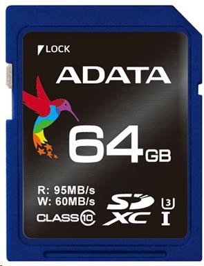 AData SDXC karta 64GB UHS-I U3 Class 10, Premier Pro (R: 95MB / W: 60MB) ASDX64GUI3V30S-R