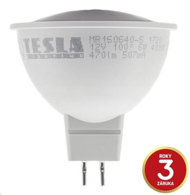 Tesla LED žárovka GU5,3 MR16, 6W, 12V, 470lm, 25 000h, 3000K teplá bílá MR160630-5