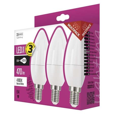Emos LED žárovka CANDLE, 6W/40W E14, NW neutrální bílá, 470 lm, Classic A+, 3 PACK 1525731406