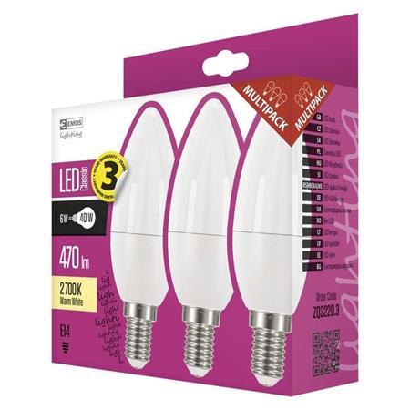 Emos LED žárovka CANDLE, 6W/40W E14, WW teplá bílá, 470 lm, Classic A+, 3 PACK 1525731207