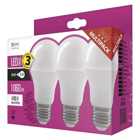 Emos LED žárovka Classic A60, 10,5W/75W E27, NW neutrální bílá, 1060 lm, Classic A+, 3 PACK 1525733414