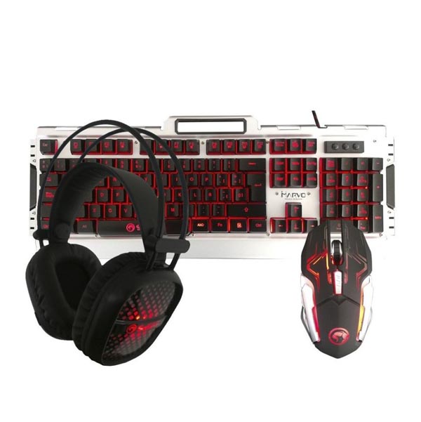 Marvo Sada klávesnice CM303, herní, černo-stříbrná, drátová (USB), US, s herní myší a sluchátky, mem CM303 EN