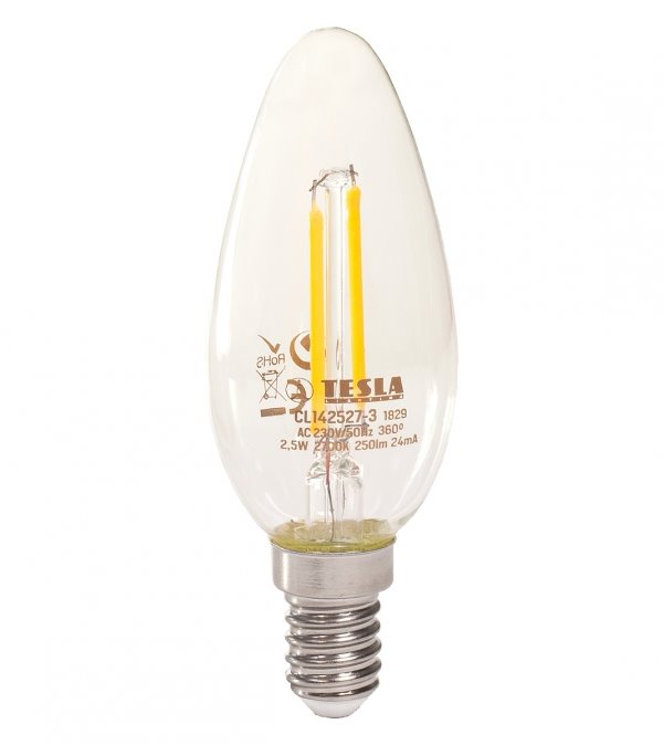Tesla LED žárovka CRYSTAL RETRO CANDLE svíčka, E14, 2,5W, 230V, 250lm, 2700K, teplá bílá, čirá CL142527-3