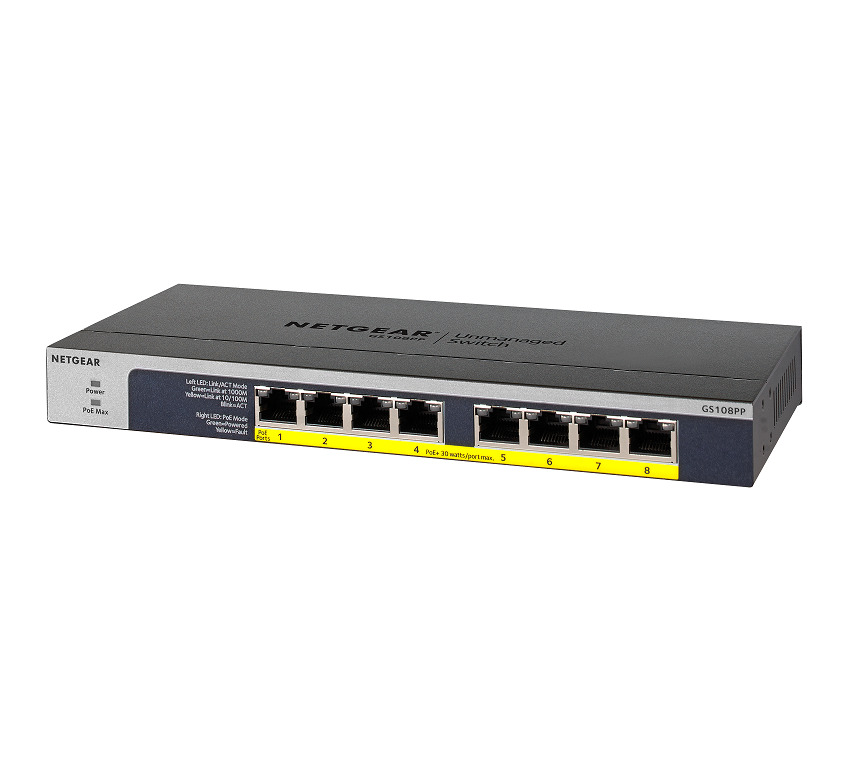 Netgear 8-port 10/100/1000Mbps Gigabit Ethernet, Flexible PoE, GS108PP GS108PP-100EUS