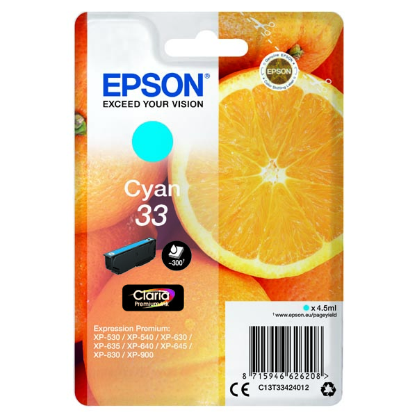 Epson Singlepack Cyan 33 Claria Premium Ink C13T33424012