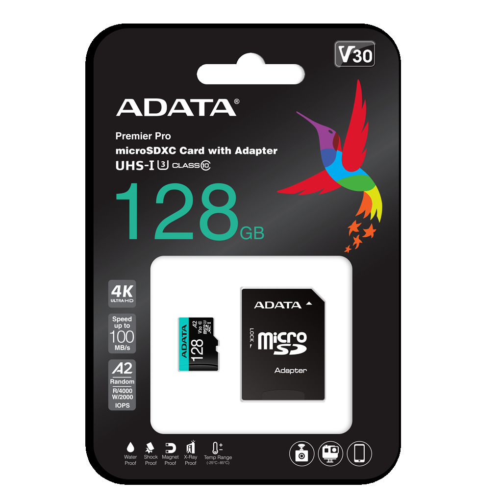 AData Micro SDHC karta Premier Pro 128GB UHS-I V30S + SD adaptér, (R:100MB / W:80MB) AUSDX128GUI3V30SA2-RA1