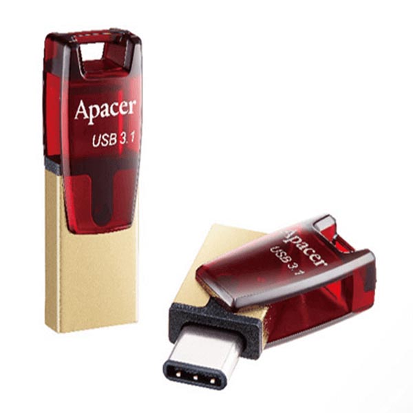 Apacer USB flash disk OTG, 3.1/3.1 Typ C,, 32GB, AH180, zlatý, červený, AP32GAH180R-1, s krytkou
