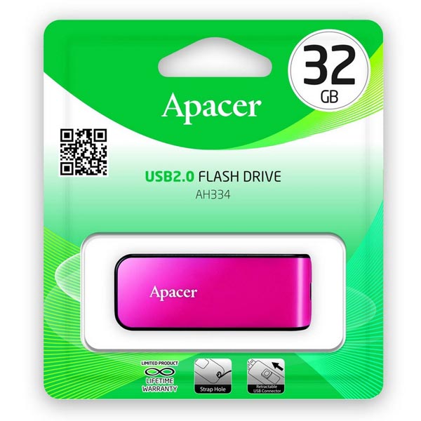 Apacer USB flash disk, 2.0,, 32GB, AH334, růžový, AP32GAH334P-1, s výsuvným konektorem