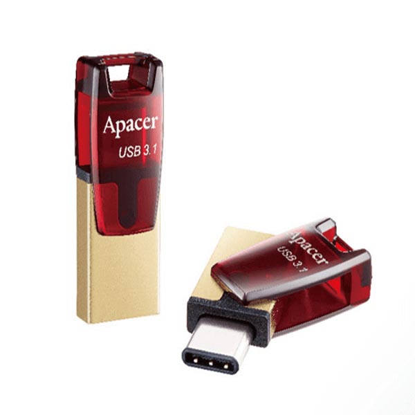 Apacer USB flash disk OTG, 3.1/3.1 Typ C, 64GB, AH180, zlatý, červený, AP64GAH180R-1, s krytkou