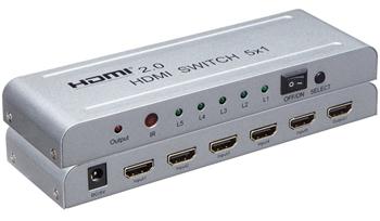 Premiumcord 4Kx2K@60Hz HDMI switch 5:1 kovový s dálkovým ovladačem a napájecím adaptérem KHSWIT51E