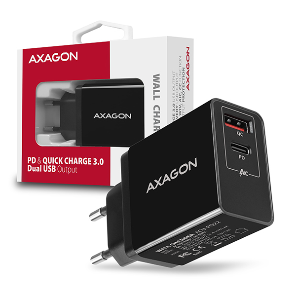 Axagon ACU-PQ22, PD a QUICK nabíječka do sítě, 2x port QC3.0/AFC/FCP+PD type-C, 22W