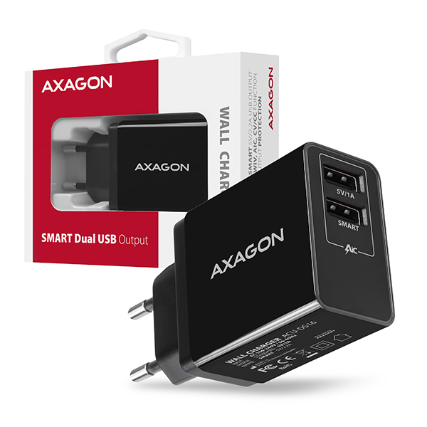 Axagon ACU-DS16, SMART nabíječka do sítě, 2x USB výstup 5V/2.2A+5V/1A, 16W