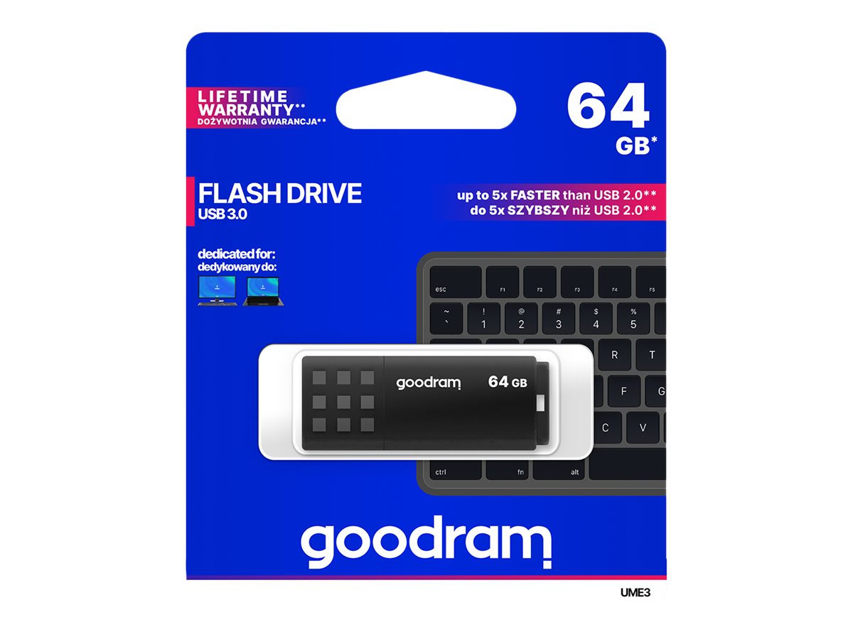 Goodram USB flash disk, USB 3.0 (3.2 Gen 1), 64GB, UME3, černý, UME3-0640K0R11, USB A, s krytkou