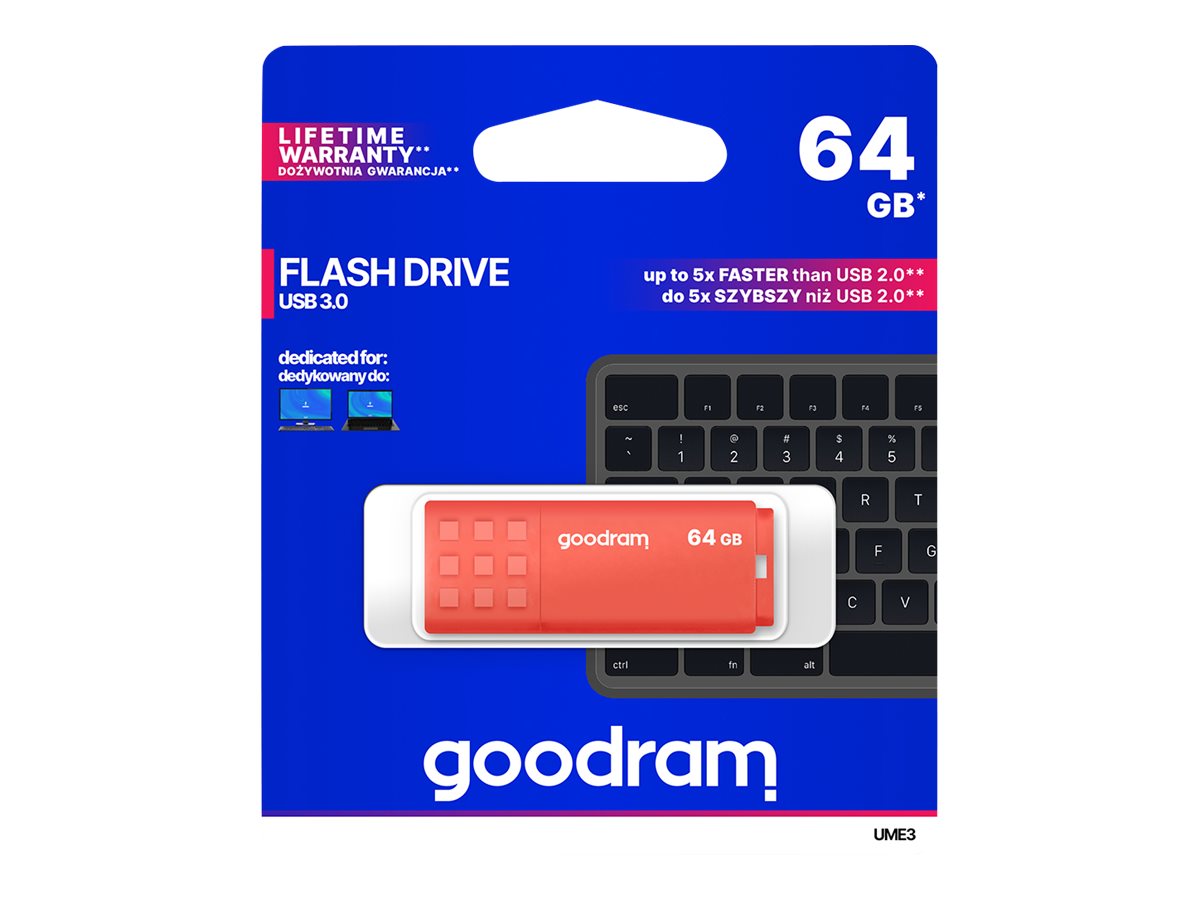 Goodram USB flash disk, USB 3.0 (3.2 Gen 1), 64GB, UME3, oranžový, UME3-0640O0R11, USB A, s krytkou