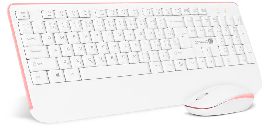 Connect It Combo bezdrátová bílo-růžová klávesnice+myš, (+1x AAA +1x AA baterie zdarma), CZ+SK layout CKM-7801-CS