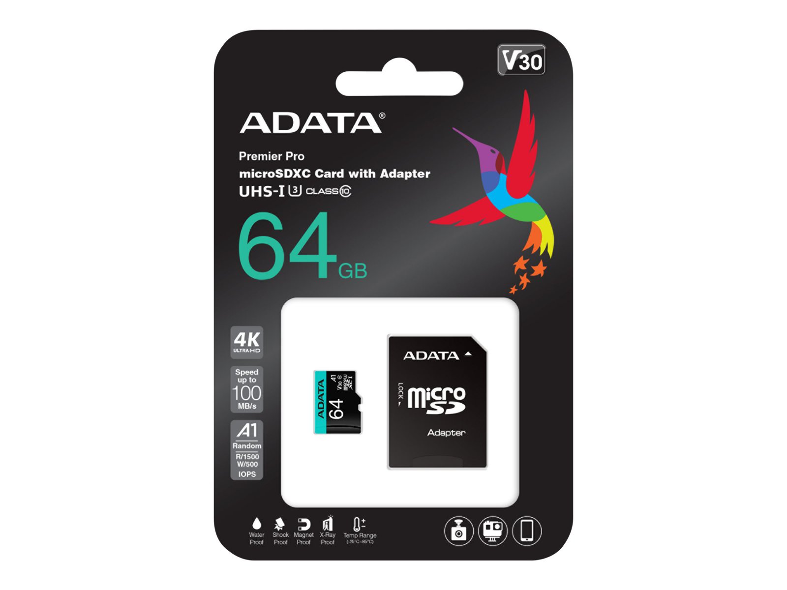 AData MicroSDXC 64GB U3 V30S až 95MB/s + adapter AUSDX64GUI3V30SA2-RA1