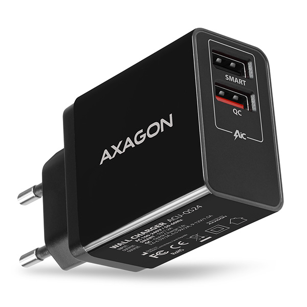 Axagon ACU-QS24, QUICK a SMART nabíječka do sítě, 2x USB port QC3.0/AFC/FCP+5V-1.2A, 24W