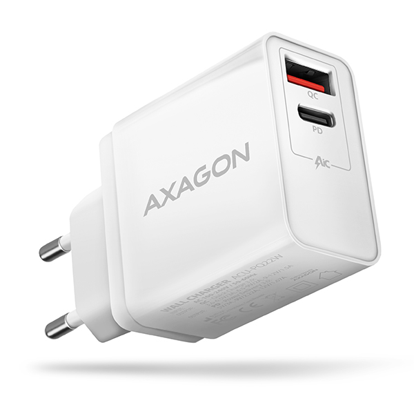 Axagon ACU-PQ22W, PD & QUICK nabíječka do sítě 22W, 2x port (USB+USB-C), PD3.0/QC3.0/AFC/FCP/Apple