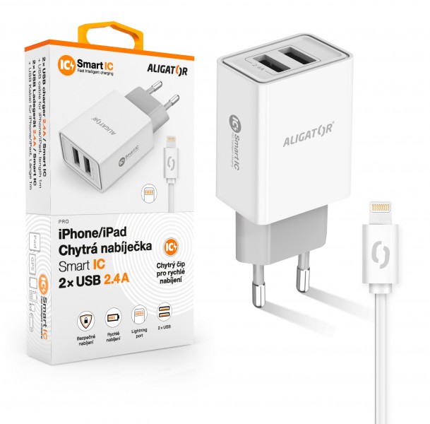 Aligator Chytrá síťová nabíječka 2,4A, 2xUSB, smart IC, bílá, USB kabel pro iPhone/iPad CHA0036