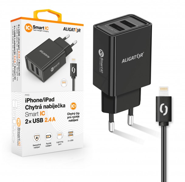 Aligator Chytrá síťová nabíječka 2,4A, 2xUSB, smart IC, černá, USB kabel pro iPhone/iPad CHA0035