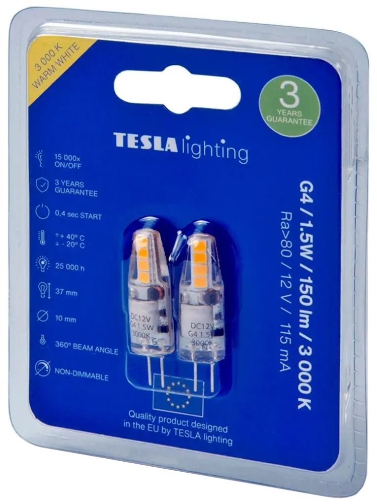 Tesla LED žárovka, G4, 1,5W, 12V DC, 150lm, 3000K, teplá bílá (2pack) G4001530-PACK2