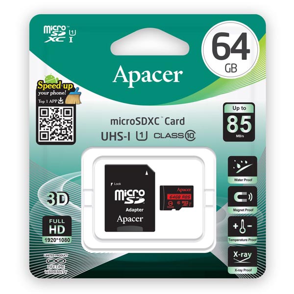 Apacer Secure Digital, 64GB, micro SDXC, AP64GMCSX10U5-R, UHS-I U1 (Class 10), s adap