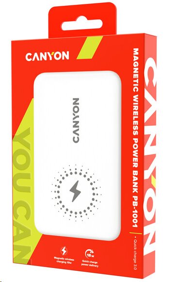 Canyon powerbanka PB-1001W PD&QC3.0, 10 000mAh Li-pol, Input 5/9V (Lightning/USB-C),Output 5/9/12V (USB-A+USB-C),bílá CNS-CPB1001W