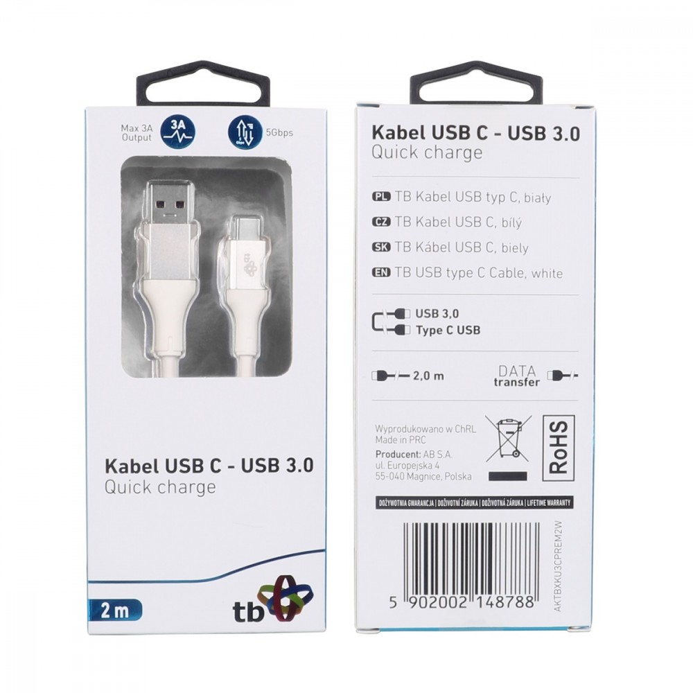 TB USB 3.0/USB-C 2m premium 3A bílý AKTBXKU3CPREM2W