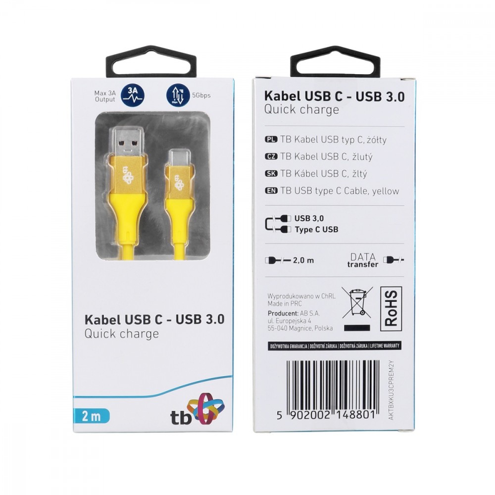 TB USB 3.0/USB-C 2m premium 3A žlutý AKTBXKU3CPREM2Y
