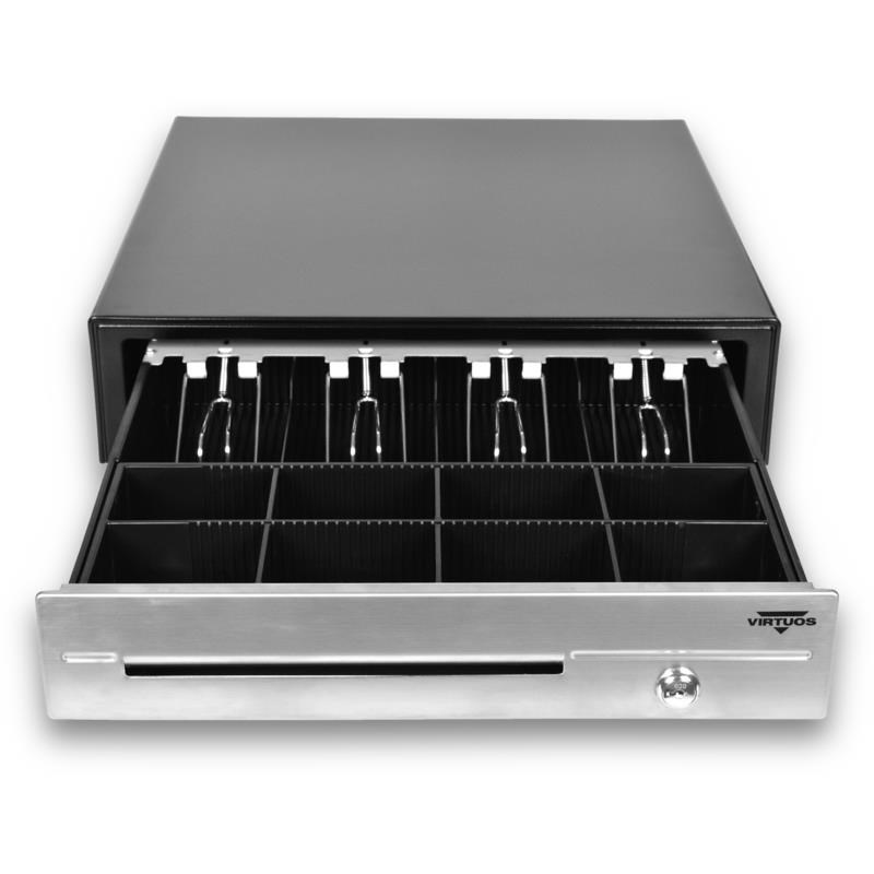 Virtuos pokladní zásuvka C430D - s kabelem, kovové držáky, nerez panel, 9-24V, černá EKN0116