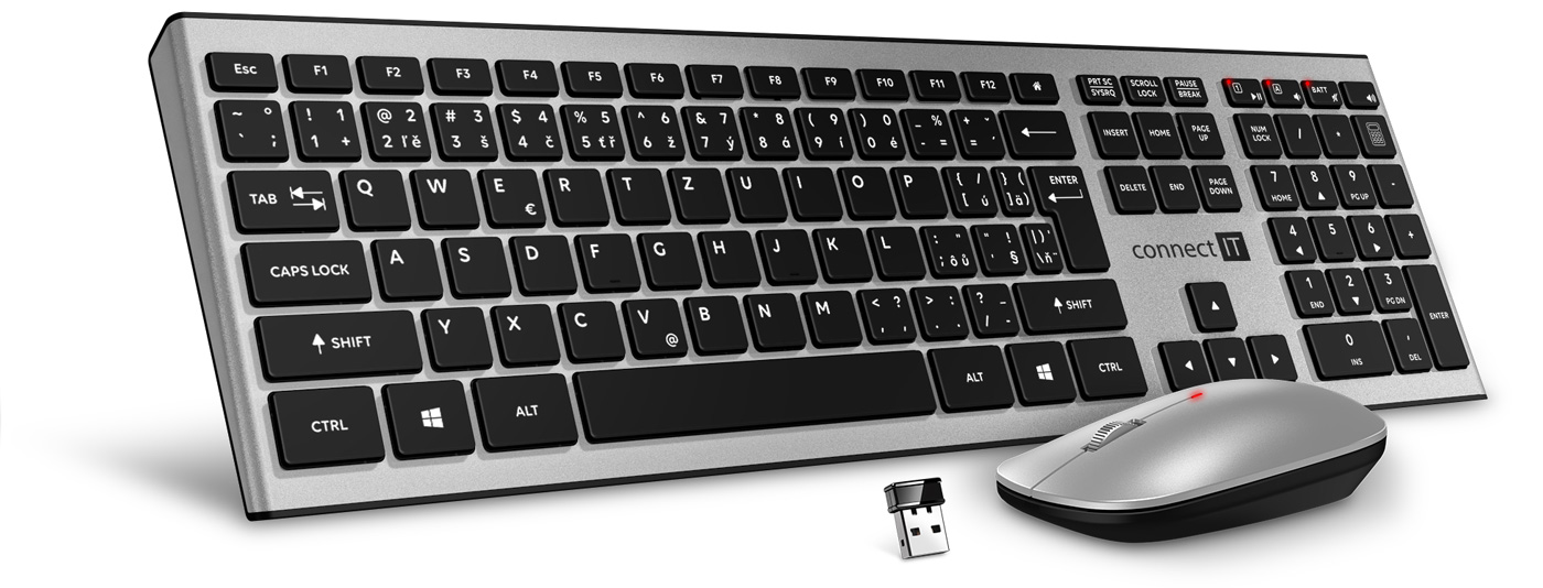Connect It Combo bezdrátová stříbrná klávesnice+myš, (+2x AAA +1x AA baterie zdarma), CZ+SK layout CKM-9010-SL