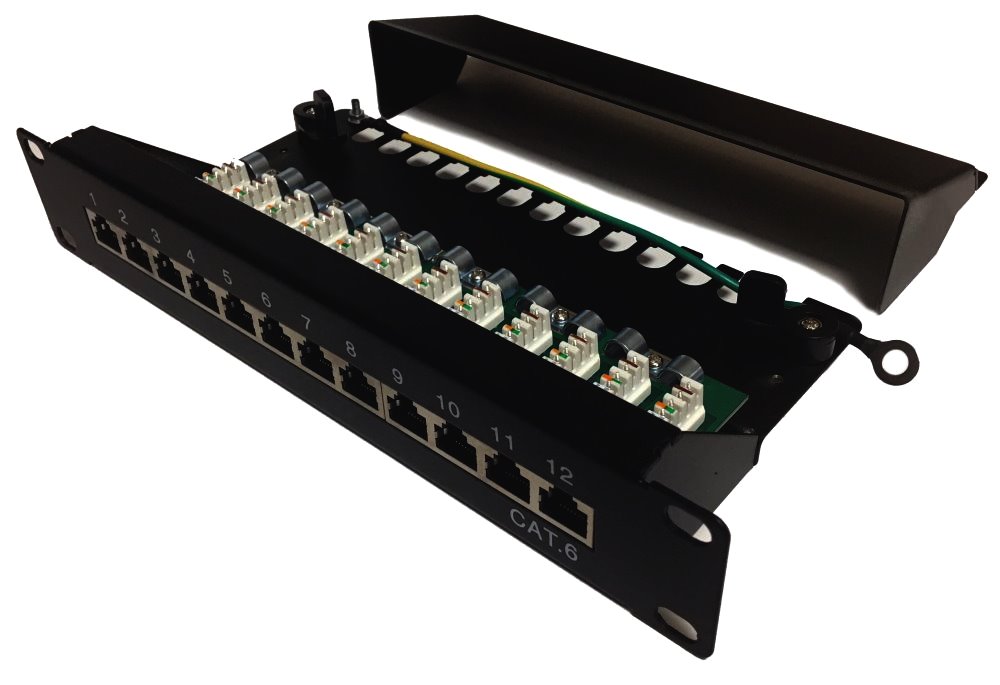 Xtendlan Patch panel 10", 1U/12 portů, CAT6, stíněný, LSA, vodorovné umístění konektorů, zemnič, černá barva PP0-12C6S-LSA-HG