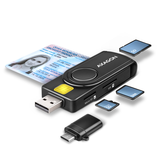 Axagon CRE-SMP2A, USB-A+USB-C PocketReader 4-slot čtečka Smart card (eObčanka)+SD/microSD/SIM