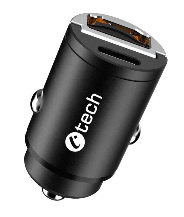 C-TECH Nabíječka USB do auta, 1x Type C + 1 x Type A, 30W, Power delivery 3.0, Quick Charge 3.0, hliníkové tělo UCC-02
