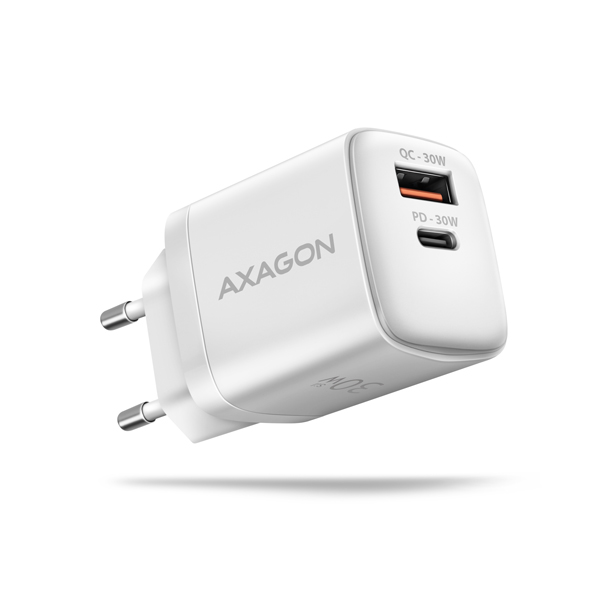 Axagon ACU-PQ30W Sil nabíječka do sítě 30W, 2x port (USB-A+USB-C), PD3.0/PPS/QC4+/AFC/Apple, bílá