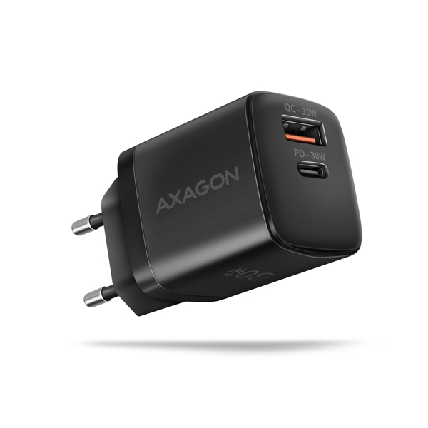 Axagon ACU-PQ30 Sil nabíječka do sítě 30W, 2x port (USB-A+USB-C), PD3.0/PPS/QC4+/AFC/Apple, černá