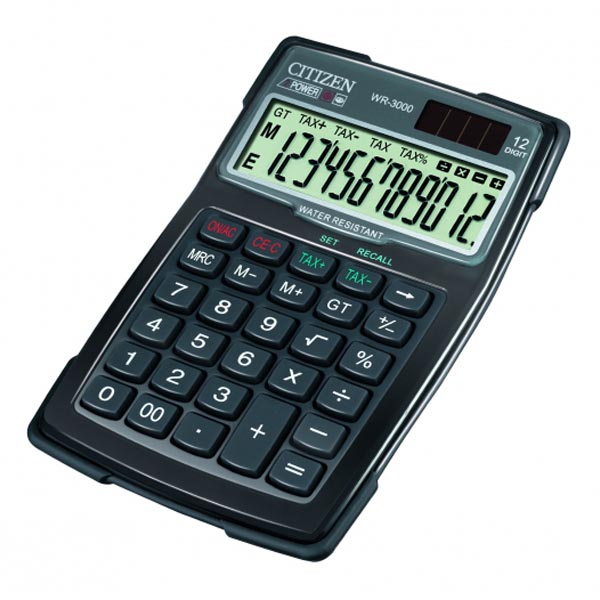 Citizen Kalkulačka WR3000, černá, stolní s výpočtem DPH, dvanáctimístná, vodotěsná, prachuodolná, au