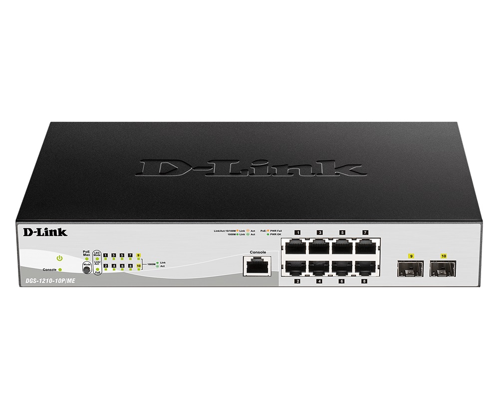 D-link DGS-1210-10P/ME/E, 10-port 10/100/1000 Gigabit PoE Smart Switch 2 SFP Metro Ethernet
