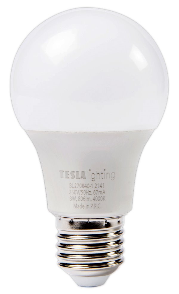Tesla LED žárovka BULB E27, 8W, 230V, 806lm, 25 000h, 4000K denní bílá, 220st BL270840-1