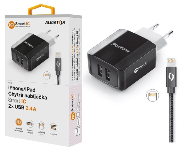 Aligator Chytrá síťová nabíječka 3.4A, 2xUSB, smart IC, černá, kabel pro iPhone/iPad 2A CHS0001